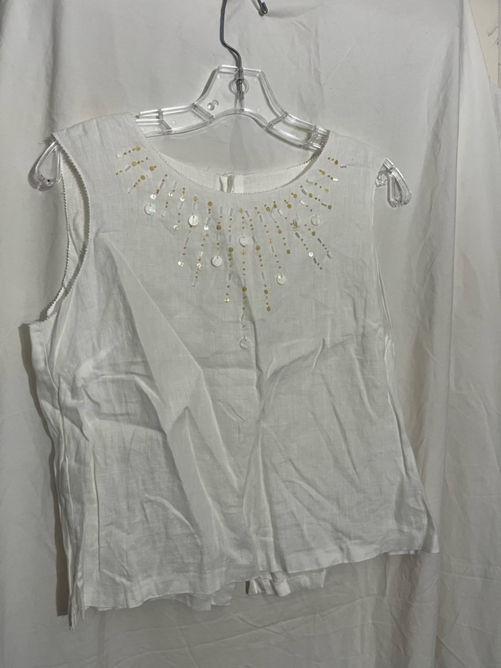 Women's White Linen Embellished Sleeveless Top